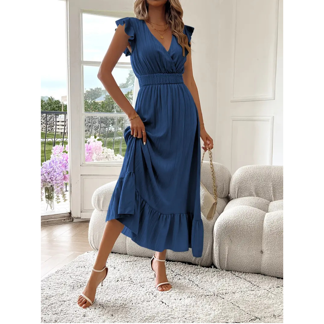 AVALERI | Elegant Shirred V-Neck Summer Maxi Dress