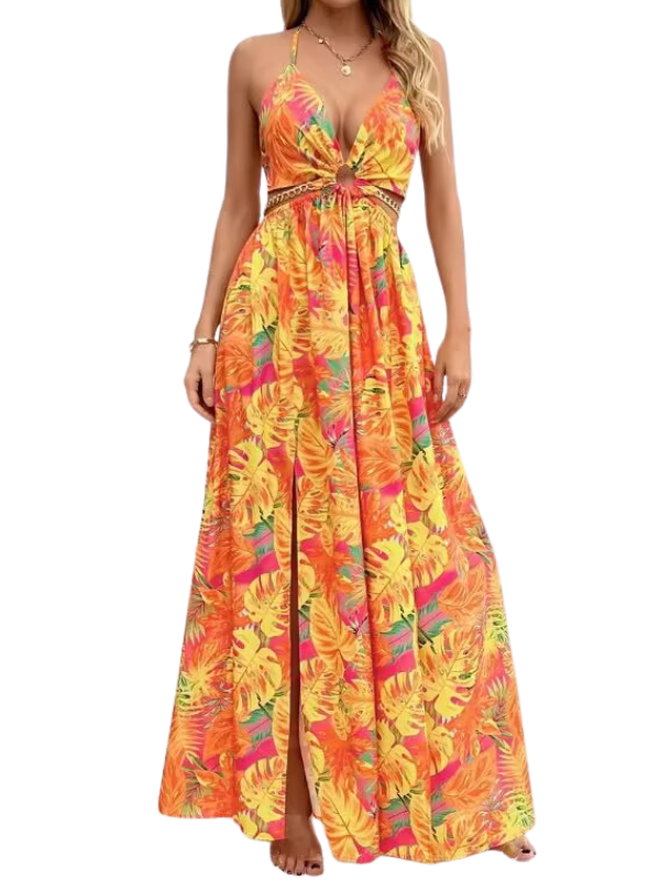 SACHA | Floral Print Chain Decor Split Thigh Cami Maxi Dress
