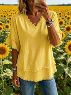 Sara | Vintage Frayed V-Neck Linen Top