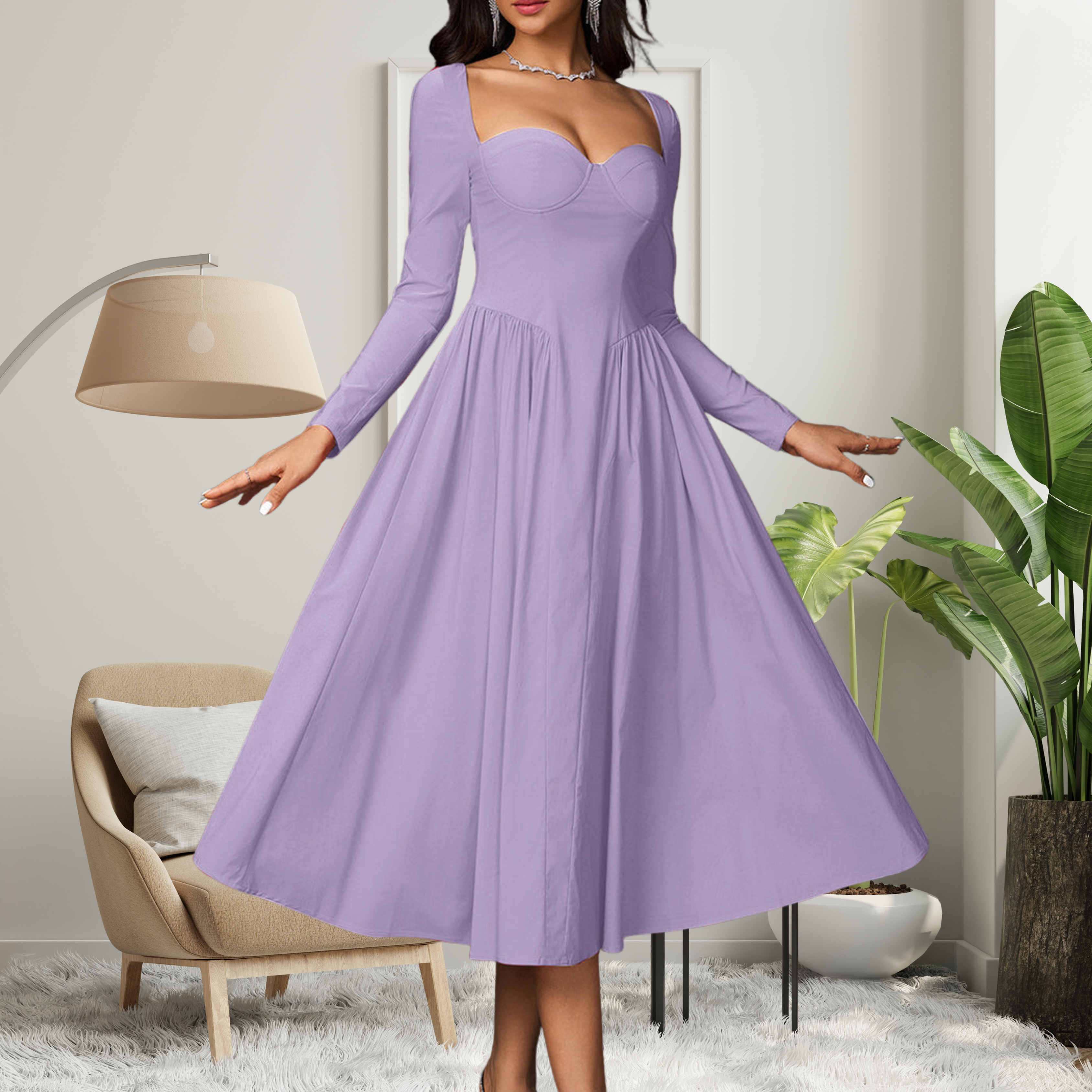 MICHELLE | Elegant Heart Neckline Long Sleeve A-Line Maxi Dress