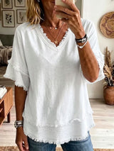 Sara | Vintage Frayed V-Neck Linen Top