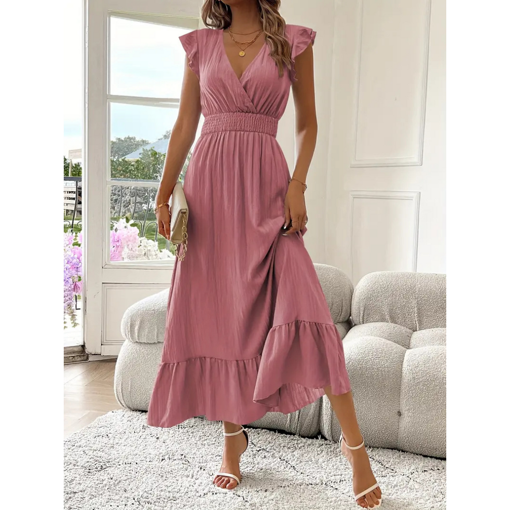 AVALERI | Elegant Shirred V-Neck Summer Maxi Dress