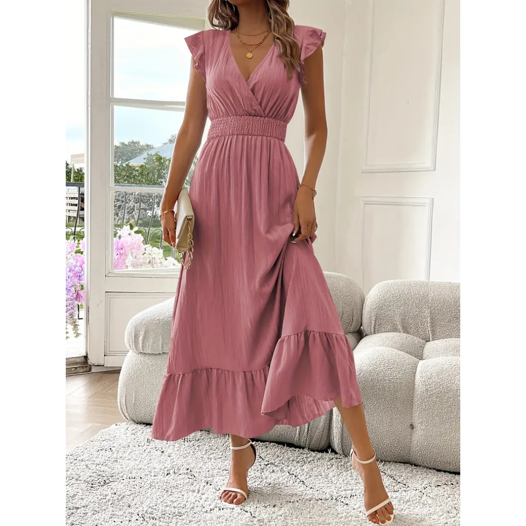AVALERI | Elegant Shirred V-Neck Summer Maxi Dress