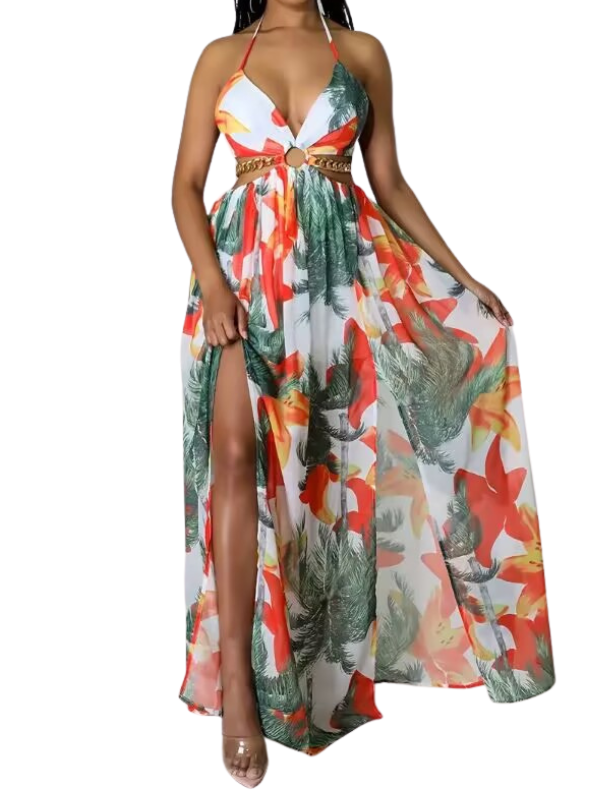 SACHA | Floral Print Chain Decor Split Thigh Cami Maxi Dress