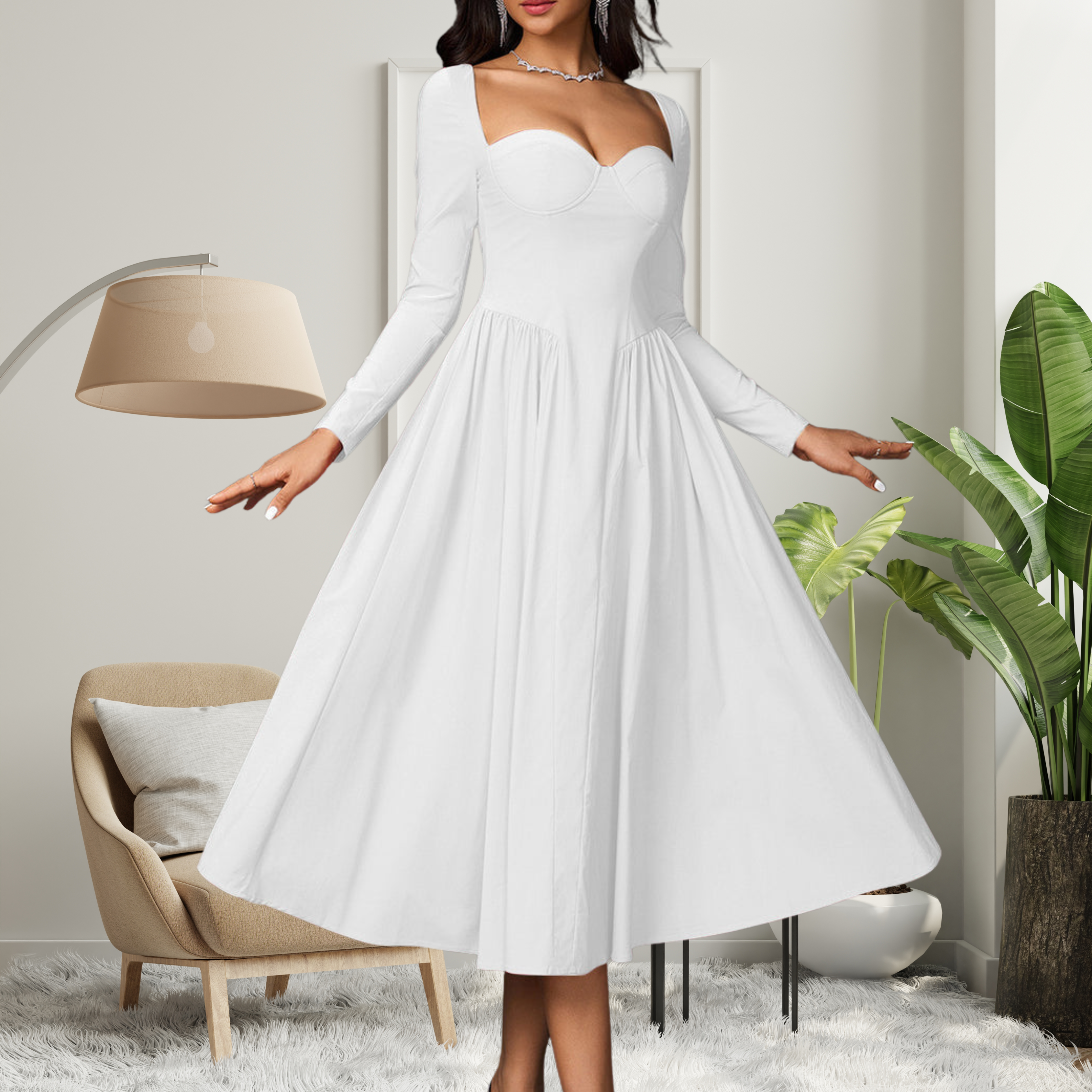 MICHELLE | Elegant Heart Neckline Long Sleeve A-Line Maxi Dress