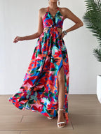 HANNAH™ - Floral Print Cami Dress with Chain Decor and Split Thigh for Beach Holidays