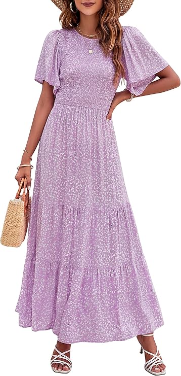 Women's Casual Floral Print Short Flutter Sleeve Smocked High Waist Flowy Maxi Dress