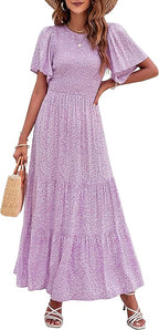 Women's Casual Floral Print Short Flutter Sleeve Smocked High Waist Flowy Maxi Dress