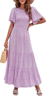 Women's Casual Floral Print Short Flutter Sleeve Smocked High Waist Flowy Maxi Dress