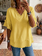 Sara | Vintage Frayed V-Neck Linen Top
