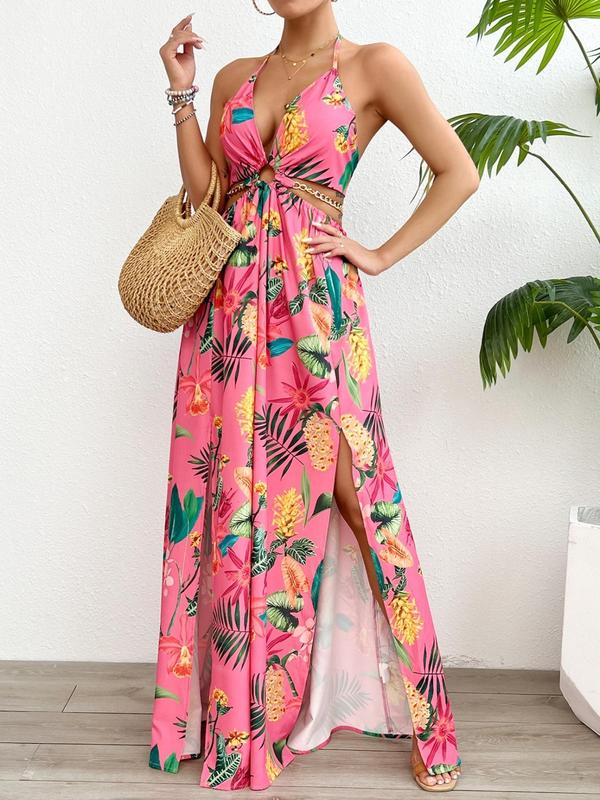 HANNAH™ - Floral Print Cami Dress with Chain Decor and Split Thigh for Beach Holidays