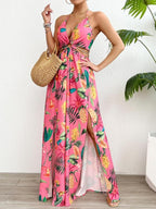 HANNAH™ - Floral Print Cami Dress with Chain Decor and Split Thigh for Beach Holidays