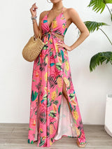HANNAH™ - Floral Print Cami Dress with Chain Decor and Split Thigh for Beach Holidays