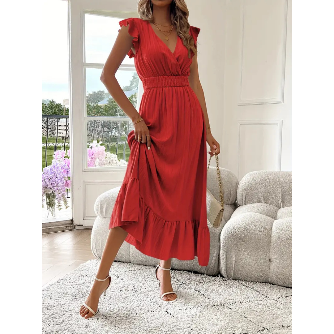 AVALERI | Elegant Shirred V-Neck Summer Maxi Dress