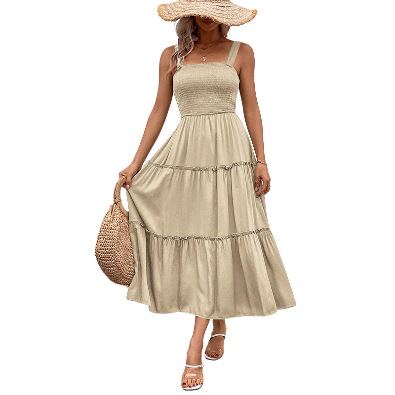 TESSIE™ – Casual Shirred Backless Sundress with Ruffle Hem