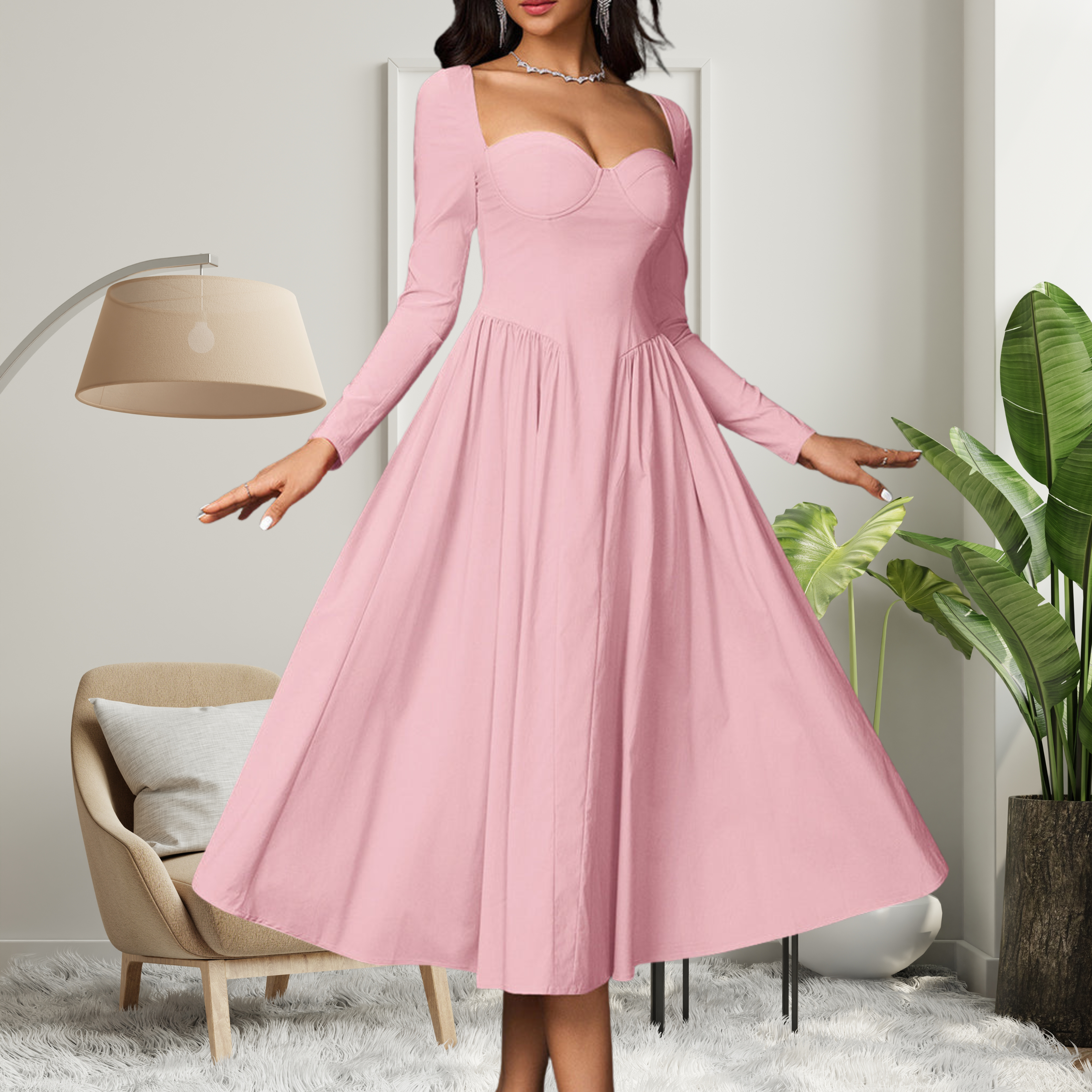 MICHELLE | Elegant Heart Neckline Long Sleeve A-Line Maxi Dress