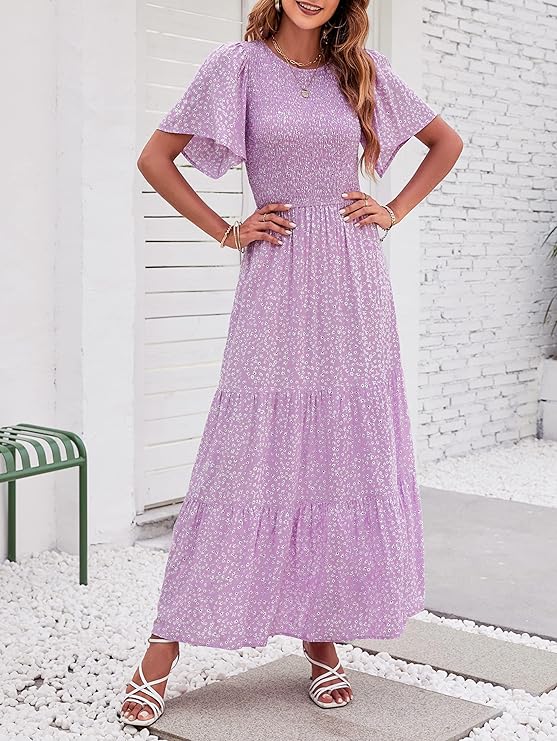 Women's Casual Floral Print Short Flutter Sleeve Smocked High Waist Flowy Maxi Dress