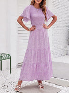 Women's Casual Floral Print Short Flutter Sleeve Smocked High Waist Flowy Maxi Dress