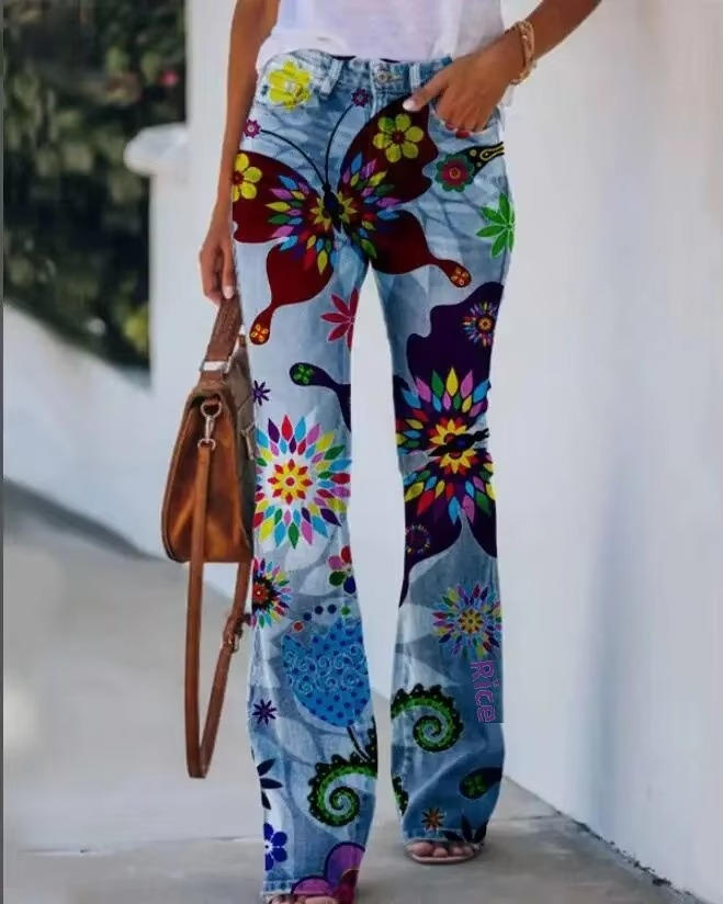 Meadow | Women's Floral Print High Waist Flare Jeans