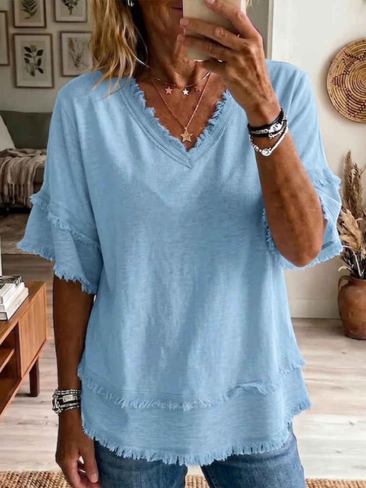 Sara | Vintage Frayed V-Neck Linen Top