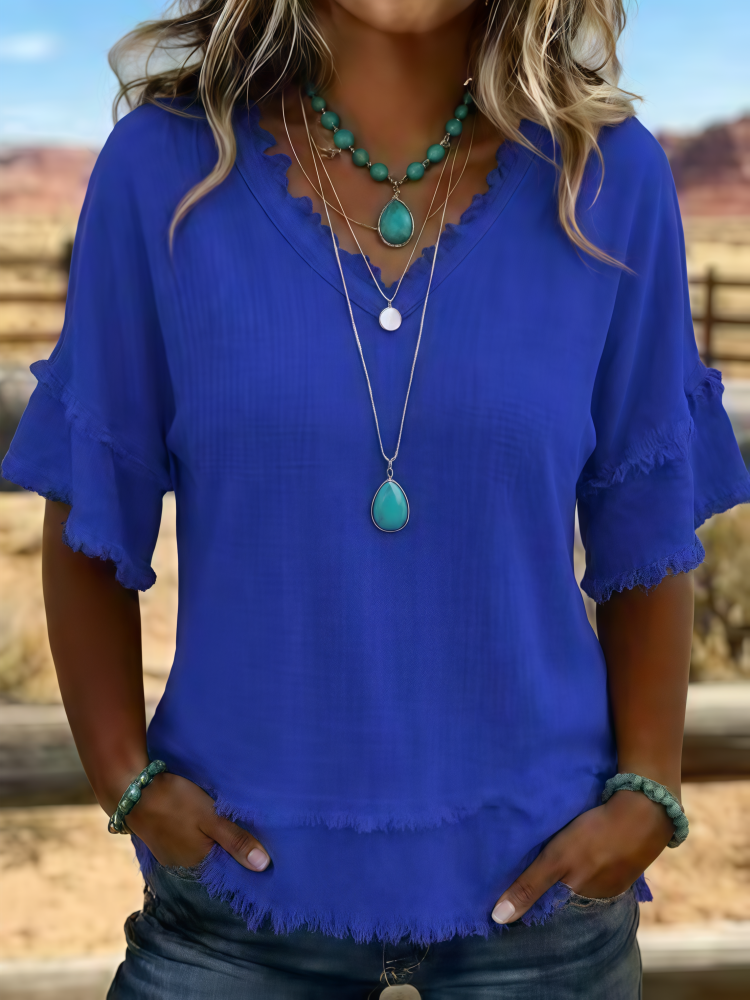 Sara | Vintage Frayed V-Neck Linen Top