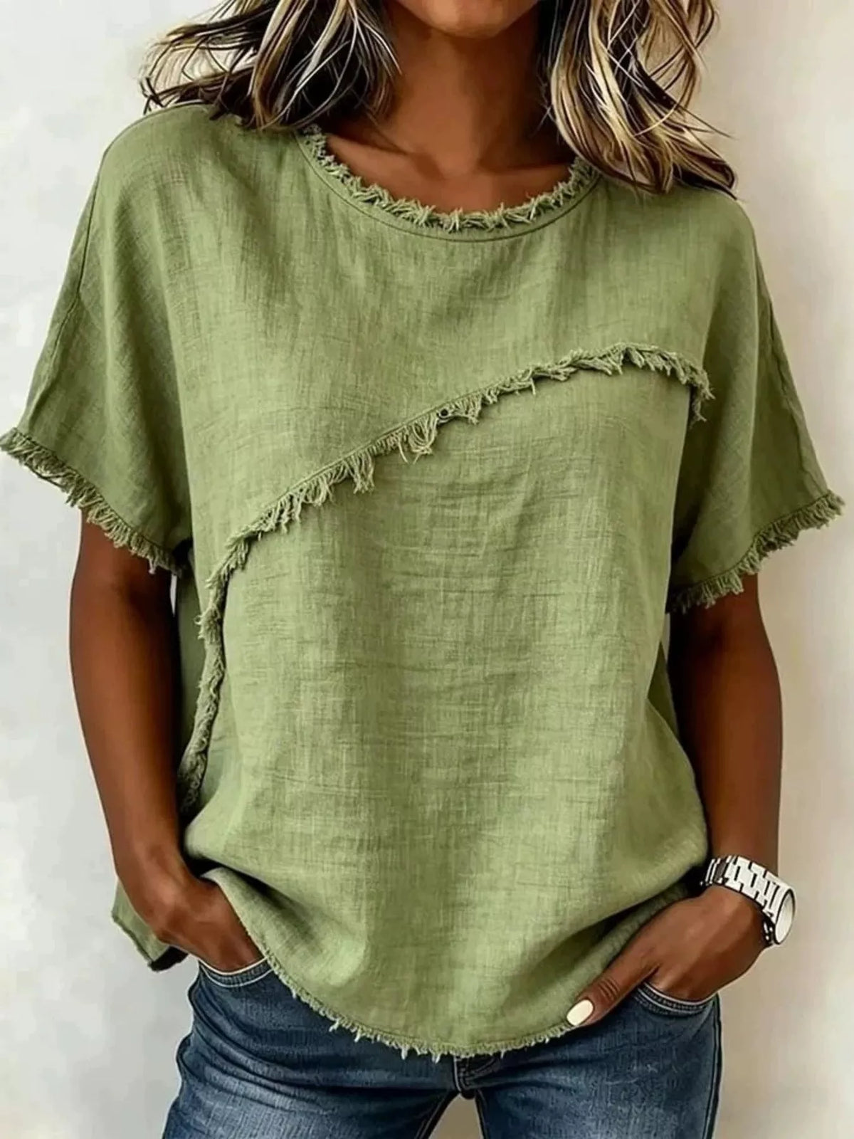 Debby | Frayed Hem Short Sleeve Top