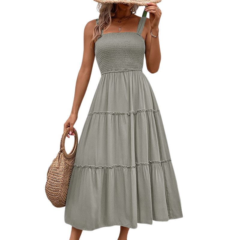 TESSIE™ – Casual Shirred Backless Sundress with Ruffle Hem