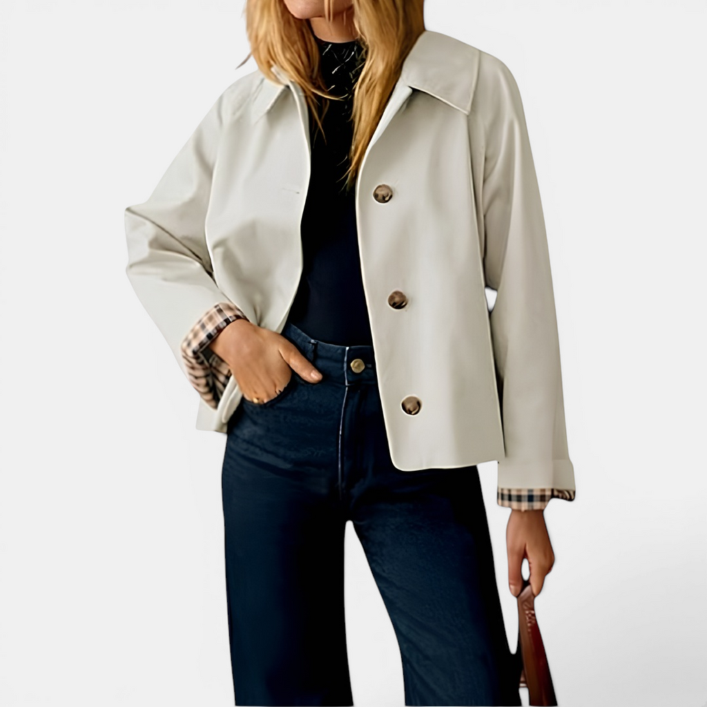 SOLVAINE™ – Plaid-Lined Cropped Trench Coat