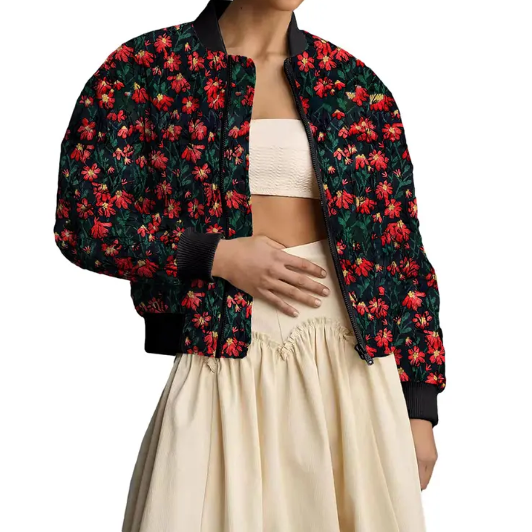 FERN™ – Daisy Print Quilted Cropped Bomber Jacket