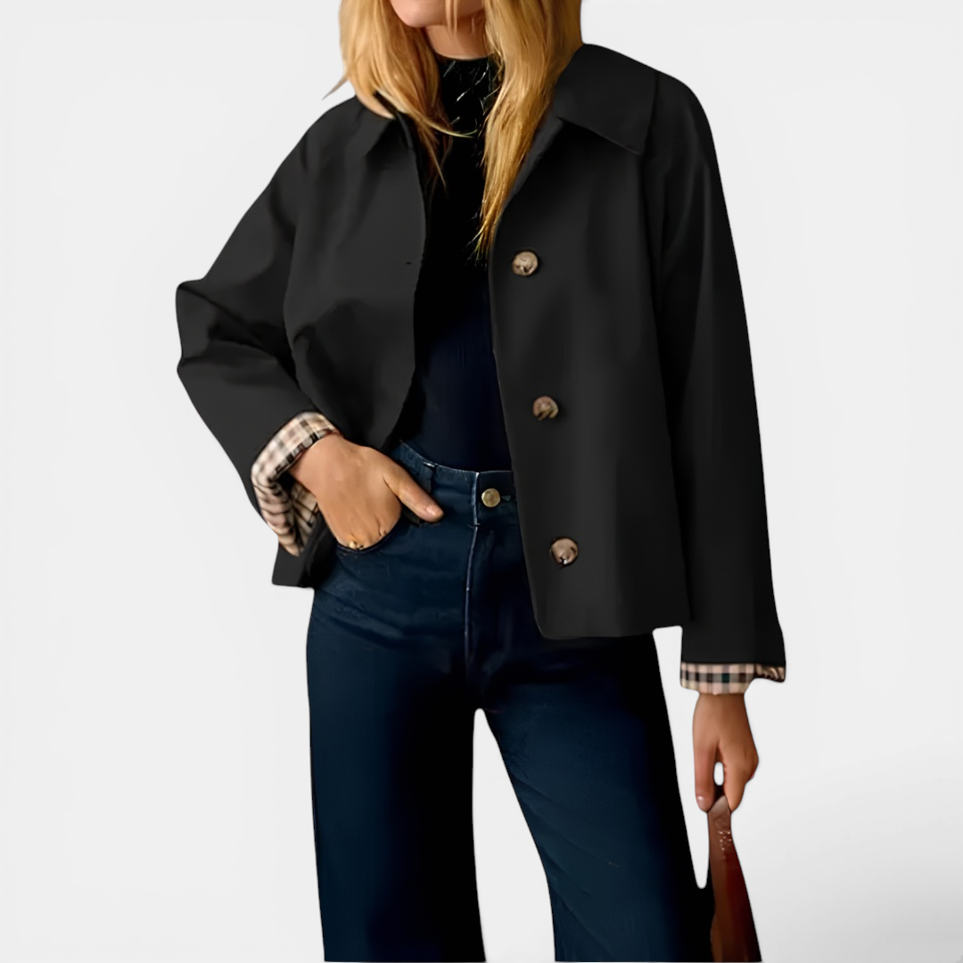 SOLVAINE™ – Plaid-Lined Cropped Trench Coat