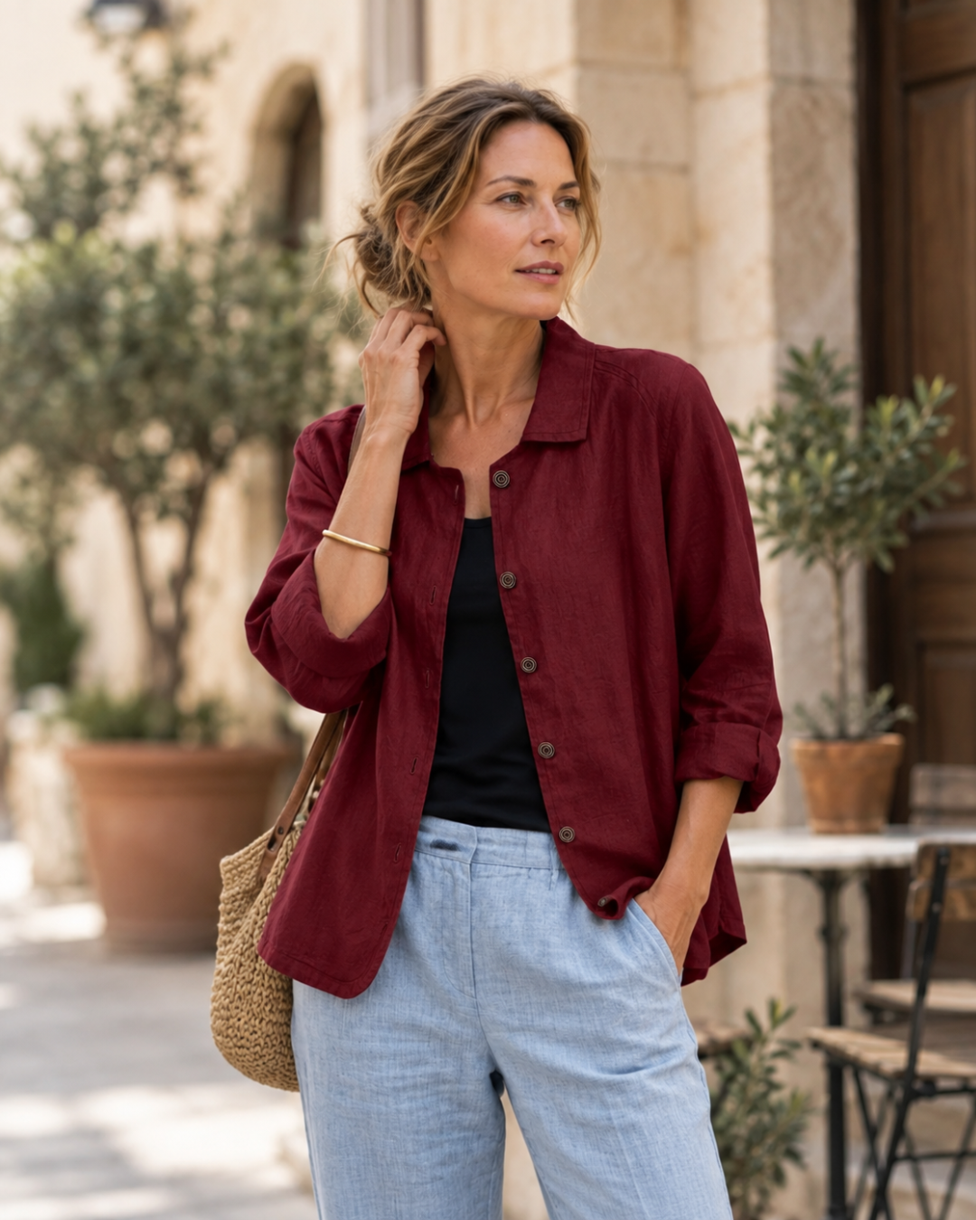 Diane | Wine Red Loose Point-Collar Blouse