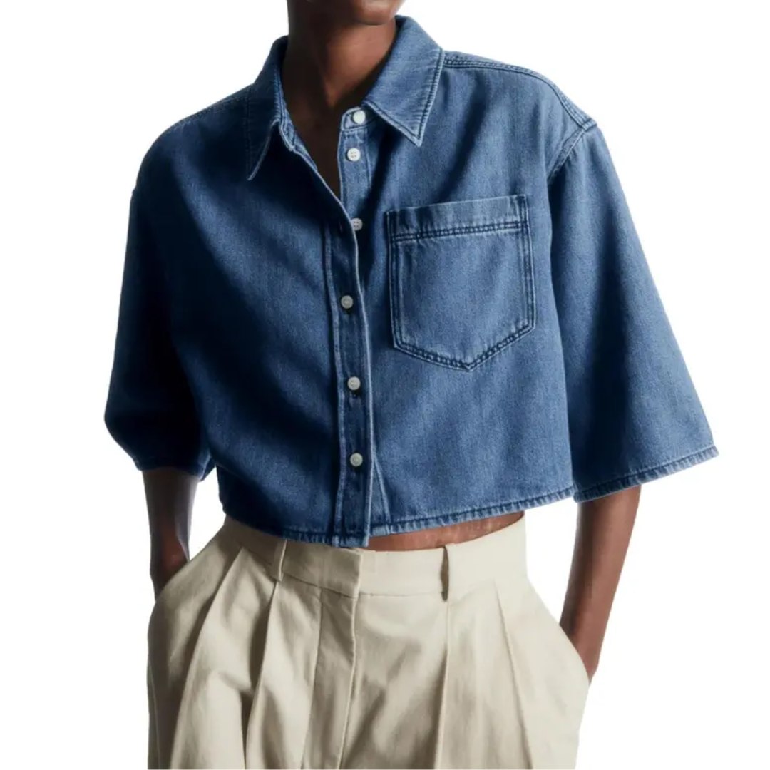 JOVETTE™ – Cropped Button-Down Denim Shirt Jacket