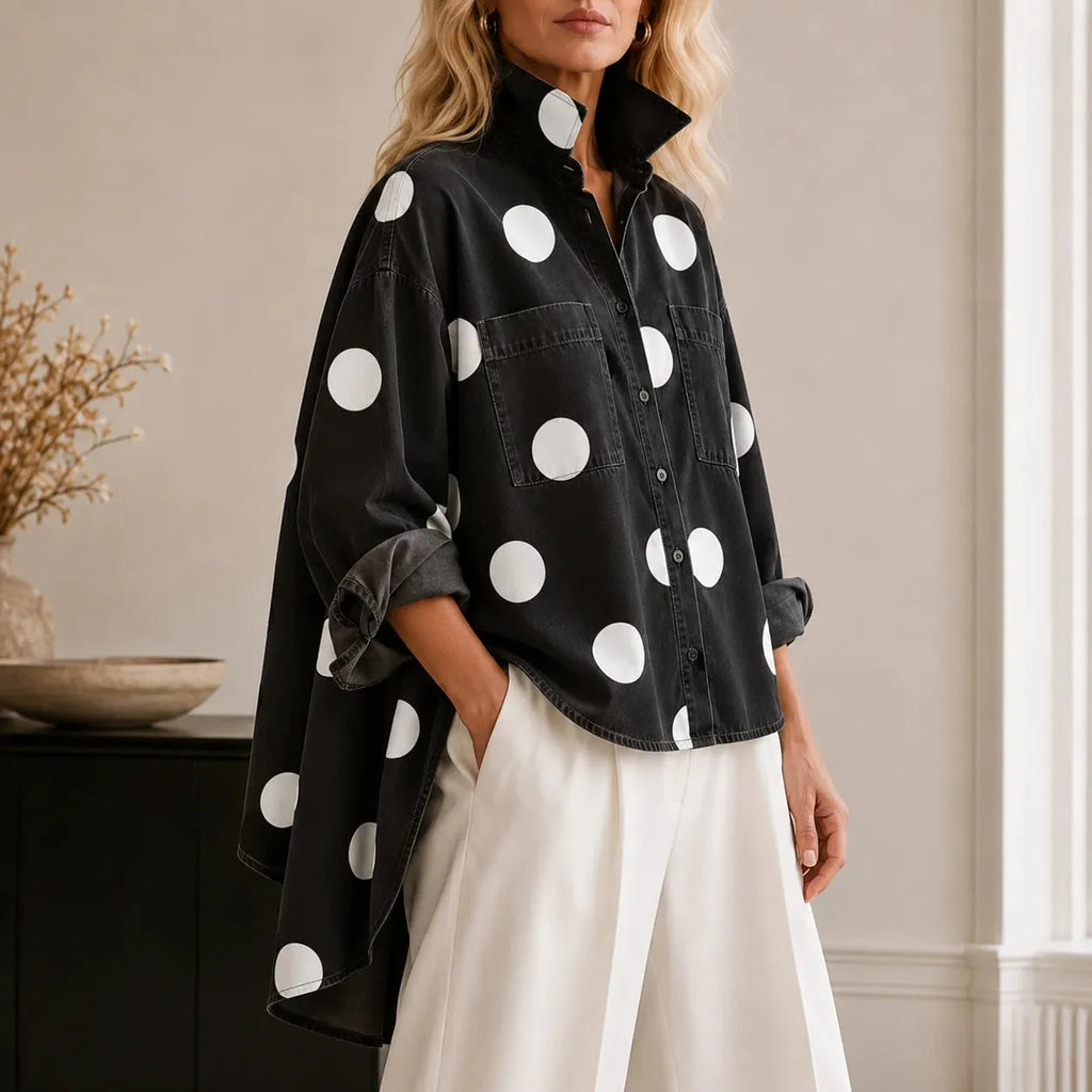 Marevelle | Oversized Polka Dot Denim Shirt with Stand Collar