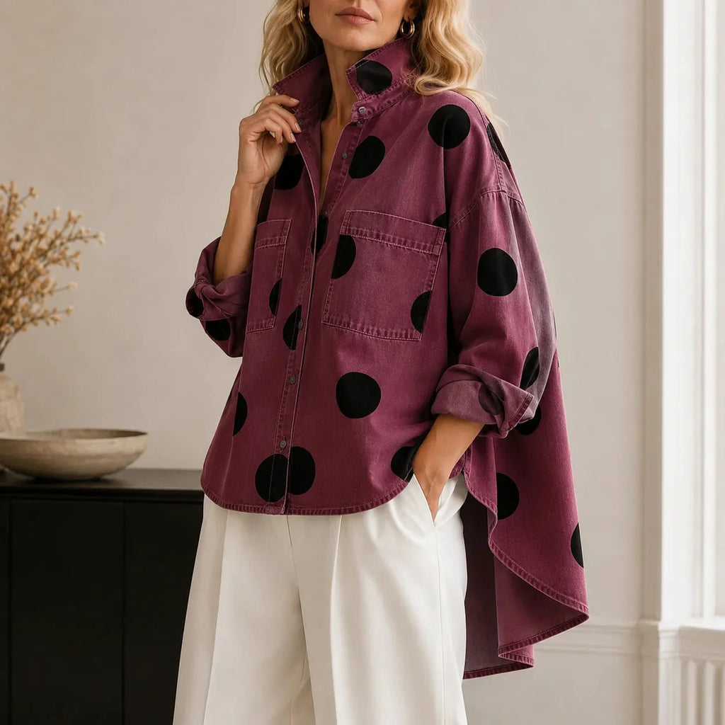 Marevelle | Oversized Polka Dot Denim Shirt with Stand Collar