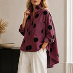 Marevelle | Oversized Polka Dot Denim Shirt with Stand Collar