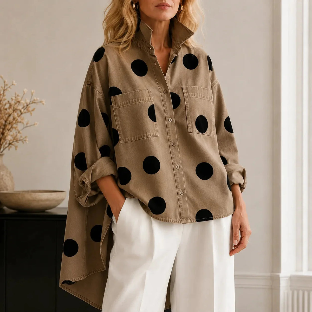 Marevelle | Oversized Polka Dot Denim Shirt with Stand Collar