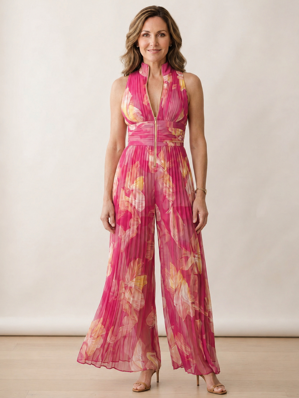 Zsófia | Fuchsia Floral Pleated Chiffon Jumpsuit