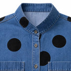 Marevelle | Oversized Polka Dot Denim Shirt with Stand Collar