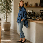 Marevelle | Oversized Polka Dot Denim Shirt with Stand Collar