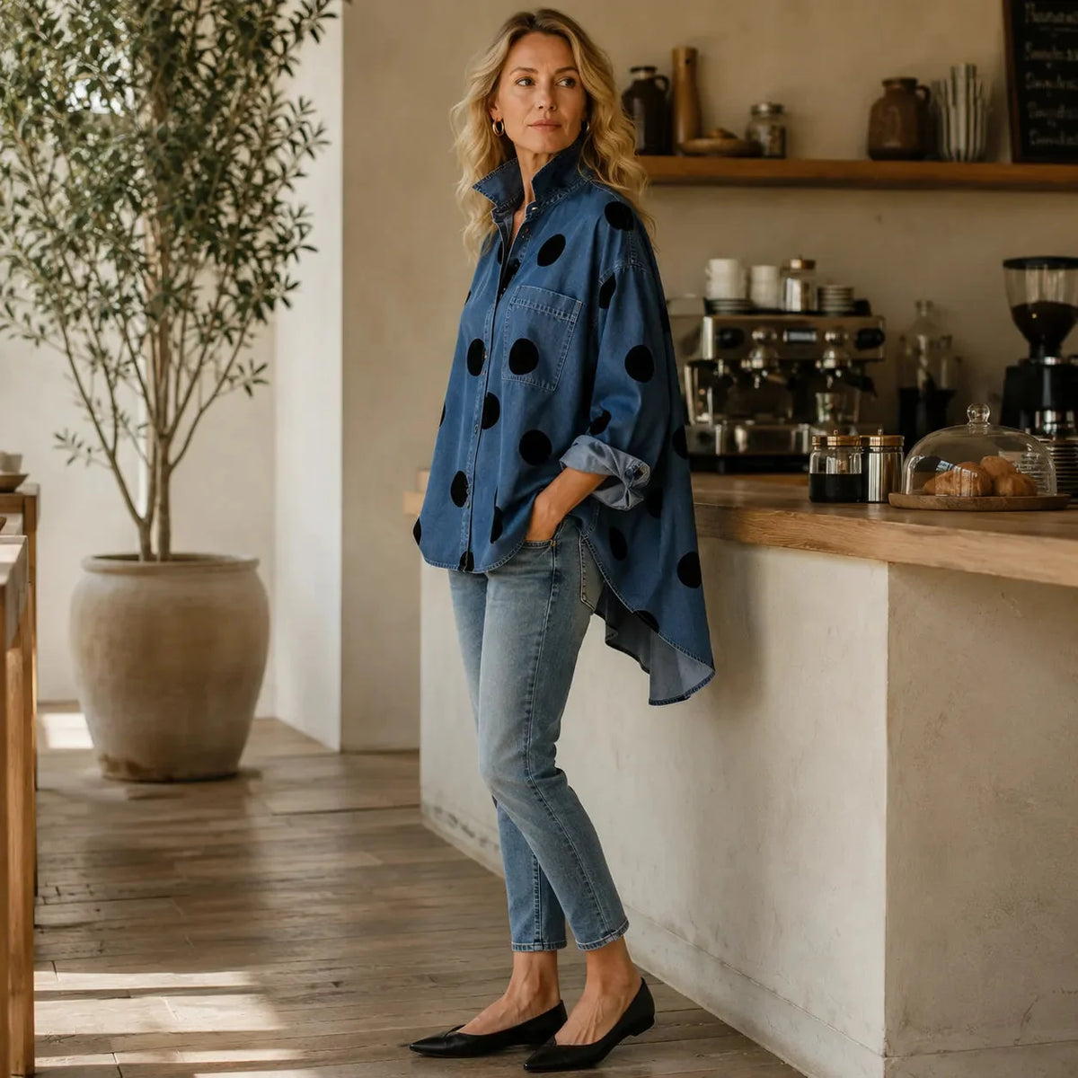 Marevelle | Oversized Polka Dot Denim Shirt with Stand Collar