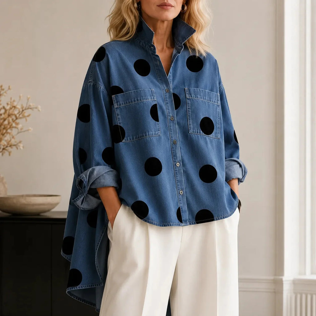 Marevelle | Oversized Polka Dot Denim Shirt with Stand Collar