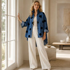 Marevelle | Oversized Polka Dot Denim Shirt with Stand Collar