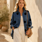 Marevelle | Oversized Polka Dot Denim Shirt with Stand Collar