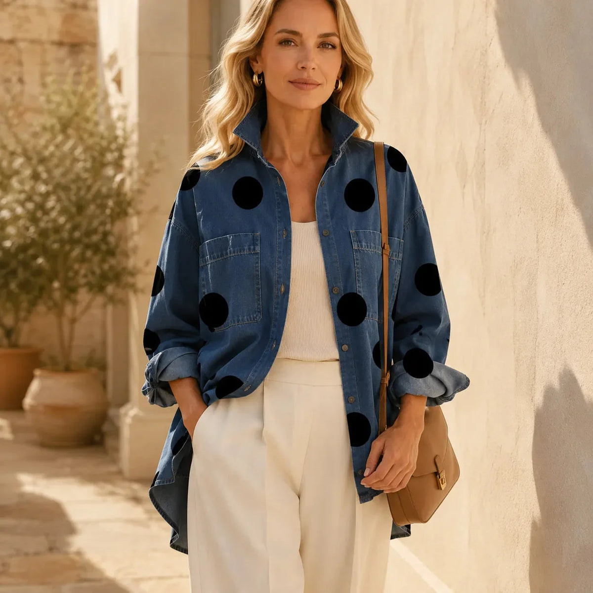 Marevelle | Oversized Polka Dot Denim Shirt with Stand Collar