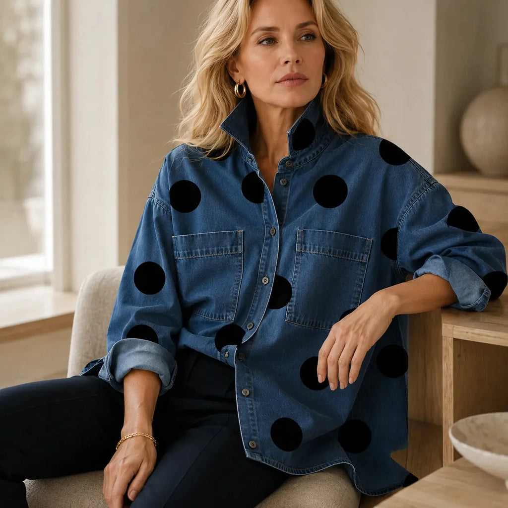 Marevelle | Oversized Polka Dot Denim Shirt with Stand Collar