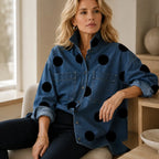 Marevelle | Oversized Polka Dot Denim Shirt with Stand Collar