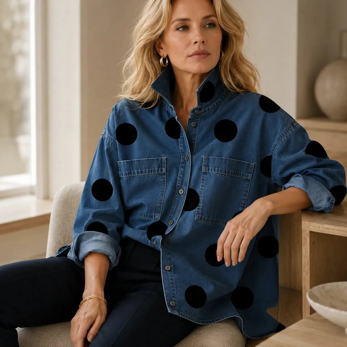 Marevelle | Oversized Polka Dot Denim Shirt with Stand Collar