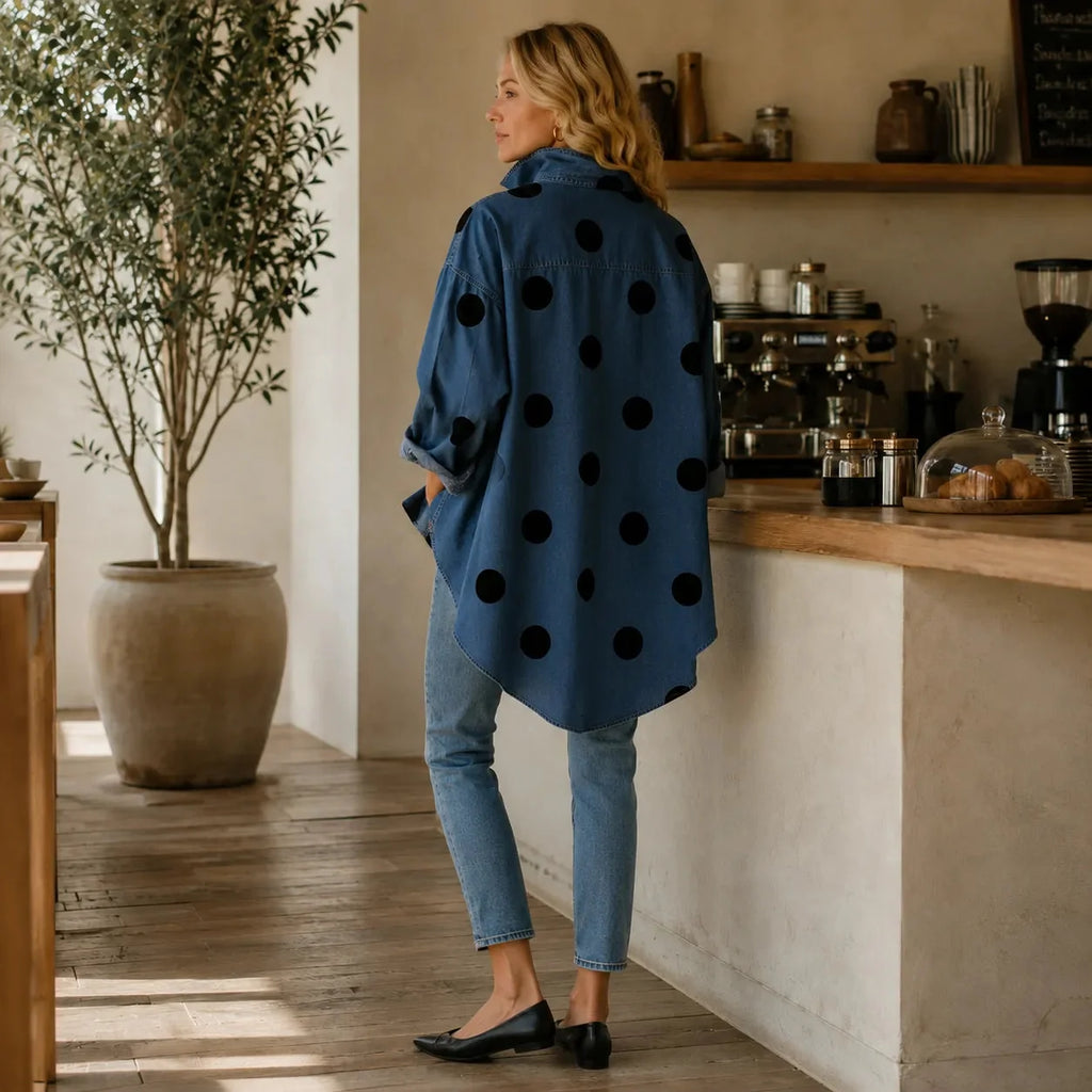 Marevelle | Oversized Polka Dot Denim Shirt with Stand Collar