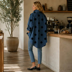 Marevelle | Oversized Polka Dot Denim Shirt with Stand Collar