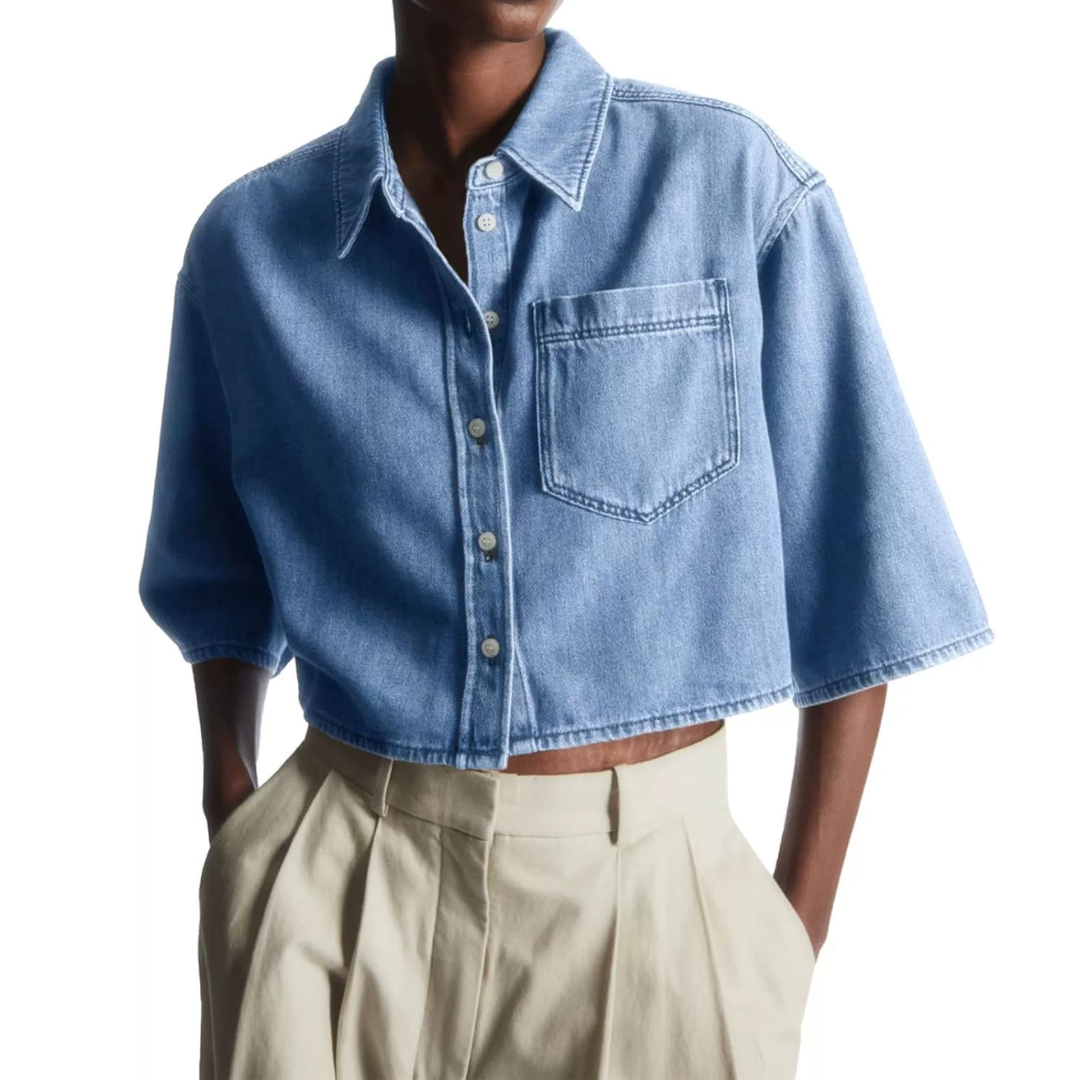 JOVETTE™ – Cropped Button-Down Denim Shirt Jacket
